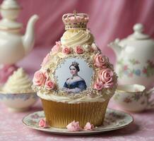 AI generated Cupcake decorated with a beautiful queen and a cup of tea photo