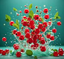 AI generated Red currant with water splash on a turquoise background, close-up photo