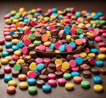 AI generated Colorful chocolate candies on wooden background. Selective focus. photo