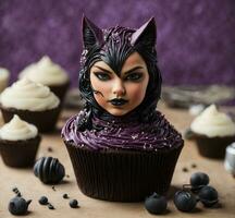 AI generated Halloween cupcakes decorated with black and white witch makeup photo