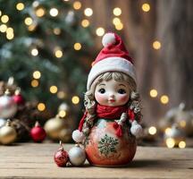 ai generado Navidad juguete muñeca en de madera antecedentes con Navidad árbol y bokeh foto