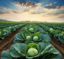 AI generated Cabbage field in the morning. Beautiful landscape of cabbage field. photo