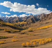 AI generated Mountain autumn landscape with yellow aspens and snowcapped peaks photo