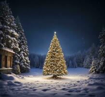 AI generated Beautiful Christmas tree in the winter forest. New Year background. photo