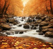 ai generado otoño bosque cascada con caído hojas en el primer plano y borroso antecedentes foto