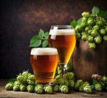 AI generated glass of beer and hop cones on a wooden table, dark background photo