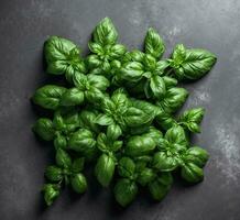 AI generated Fresh green basil leaves on a dark background. Top view, copy space photo