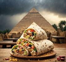 AI generated Tortilla wrap with vegetables and meat on wooden table in front of pyramid photo