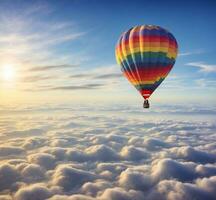 ai generado vistoso caliente aire globo volador encima el nubes a puesta de sol. 3d representación foto