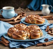 AI generated Cinnamon buns with sugar and cinnamon on a wooden background. photo