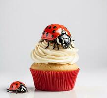 AI generated Cupcake with ladybug and ladybug on wooden background. photo