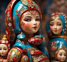 ai generado ucranio muñecas en el recuerdo tienda. cerca arriba. foto