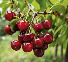 AI generated Ripe red cherries on the branches of a cherry tree. photo