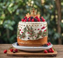AI generated Cake with fresh berries and crown on top, selective focus. photo