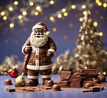 ai generado Navidad composición con Papa Noel noel, chocolate y decoraciones en un azul antecedentes. foto