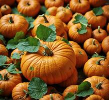 AI generated Pumpkins and leaves on a wooden background. Autumn harvest. photo