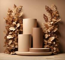 AI generated 3d render, beige podium for product display with autumn leaves. photo