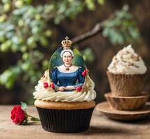 AI generated Cupcake with a beautiful woman in a blue dress and crown photo