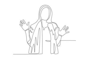 A woman is taking a photo with her hands raised. Holi one-line drawing vector