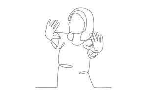 A woman shows off her henna tattoos on both hands. Holi one-line drawing vector