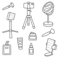 Set of cosmetics and equipment for a beauty blogger. Vector linear illustrations.