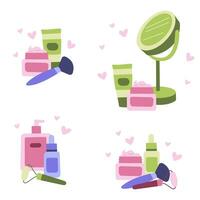 conjunto de productos cosméticos para piel cuidado. sencillo linda composiciones vector plano ilustración.