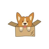 Cute little corgi in a cardboard box. Shelter a pet. Kawaii vector illustration.