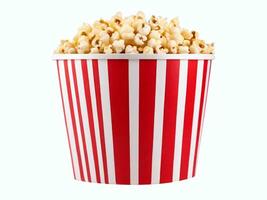 AI generated popcorn in striped cardboard bucket isolated on white background with clipping path photo