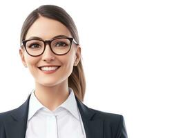 ai generado de cerca retrato de contento hermosa negocio mujer vistiendo lentes en pie y contento cara sonriente terminado aislado blanco antecedentes con recorte camino foto