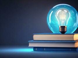 AI generated Glowing light bulb on opening book or textbook to self learning education knowledge or business studying idea thinking concept photo