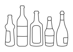 Set of empty alcohol bottles. Simple linear illustrations. vector