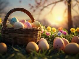 AI generated Easter Eggs in bamboo Basket at the garden with light sunset photo