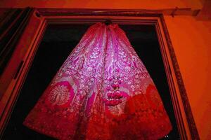 Indian bride's lengha skirt embroidery design with red light photo