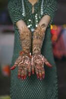 A Beautiful artwork henna on the hand of an Indian bride with herbal heena in wet condition photo