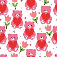 seamless pattern cartoon bear, heart and flower. cute animal wallpaper illustration for gift wrap paper vector