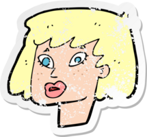 retro distressed sticker of a cartoon pretty female face png