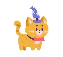 linda magia gato en un sombrero y un arco Corbata personaje plano vector ilustración aislado en blanco.