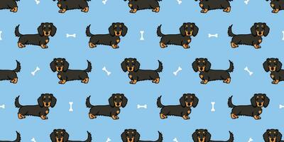 Cute long haired dachshund dog black and tan cartoon seamless patern, vector illustration