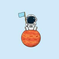 Cute astronaut with flag sitting on planet cartoon, vector illustration