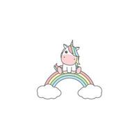 linda unicornio sentado en un pastel arco iris dibujos animados, vector ilustración