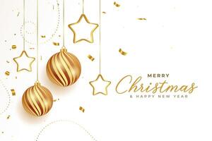 merry christmas celebration greeting with balls and golden stars vector