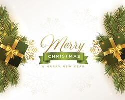 realistic merry christmas festival greeting with giftboxes and tree leaves vector