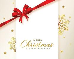 merry christmas realistic greeting with ribbon and golden snowflakes vector