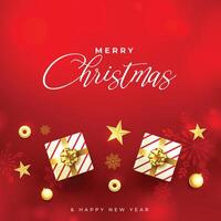 merry christmas red greeting card with realistic gift boxes vector