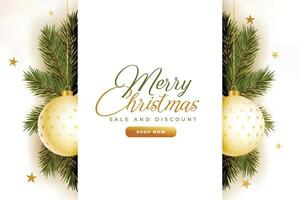 merry christmas sale background with leaves and ball vector