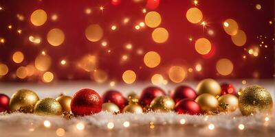 AI generated Red Christmas Background With Shining Ball photo