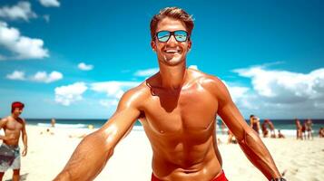 ai generado retrato de un hombre sonrisas y contento mientras jugando en el playa. joven adulto masculino en pie y viendo alrededor el playa. día festivo, fin de semana, vacaciones concepto. generativo ai foto