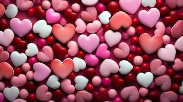 AI generated Top angle view of pink and red candy with heart shape pattern. Group of heart shape candy. For valentine greeting, romantic wallpaper concept. Generative AI photo