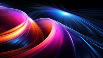 AI generated Abstract wavy circle neon lights on black background. Dynamic glowing neon lines over the dark color. Fast moving light effect, data transfer concept light. Generative AI photo