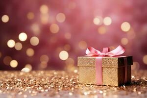 AI generated Gift box with ribbon on the abstract shiny glitter background and defocused bokeh lights. For valentine greeting, romantic wallpaper concept. Generative AI photo